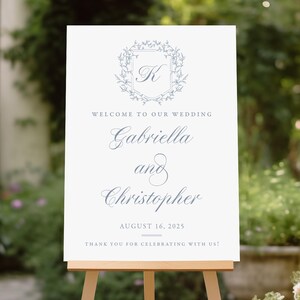 GABRIELLA | Dusty Blue Floral Crest Wedding Welcome Sign: Chinoiserie Foam Board