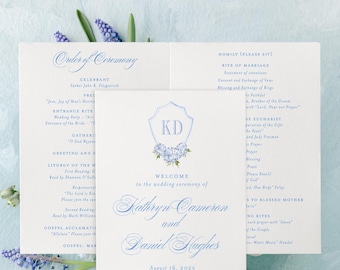 KATHRYN | Blue Hydrangea Wedding Program: Folded Catholic Ceremony