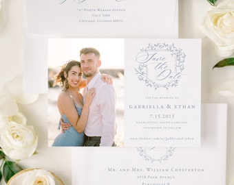 Dusty Blue Save the Date, Printed, Monogram Save the Date, Wedding Crest, Save the Date with Photo, Save the date cards for wedding