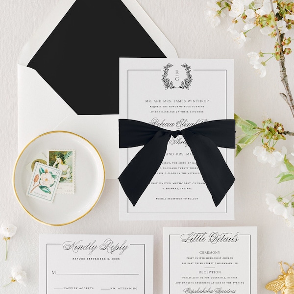 Black and White Wedding Invitations, Classic Wedding Invite, Timeless Wedding Invitation, Black Tie Wedding Invitation Set, Chic Wedding