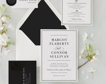 Printed Wedding Invitation Suite, Classic Wedding Invite, Timeless Wedding Invitation with Black Envelopes, Black Tie Wedding Invitation Set