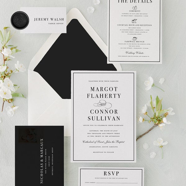 Printed Wedding Invitation Suite, Classic Wedding Invite, Timeless Wedding Invitation with Black Envelopes, Black Tie Wedding Invitation Set