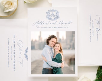 Blue Chinoiserie Save the Date, Blue and white floral Save the Dates, Wedding Crest, Wedding Invites, Blue Floral Crest