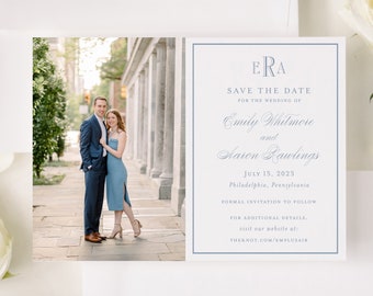 Printed Save the Date, Monogram Save the Date, Dusty Blue Wedding, Invitations, Save the Date with Photo, Save the date cards for wedding