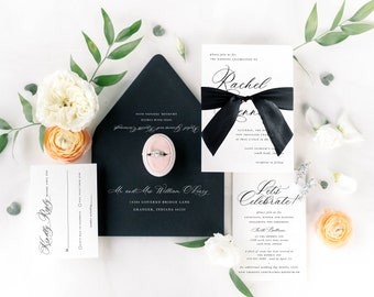 Printed Wedding Invitation Suite, Classic Wedding Invite, Timeless Wedding Invitation with Black Envelopes, Black Tie Wedding Invitation Set