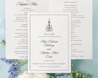 May include: Wedding ceremony program with the text "The Nuptial Mass" and the names Mary Catherine Halloway and Matthew Mark Curtis. The program includes the date June 20, 2026, and the Basilica of the Sacred Heart, University of Notre Dame.