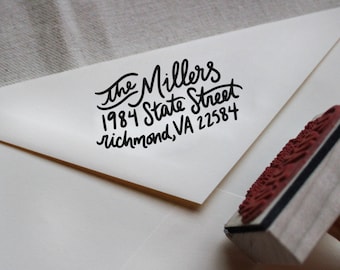 Custom All Hand Written Calligraphy Stamp, Return Address, Wood Mounted Rubber Stamp with Handle or Self-Inking, Miller Style