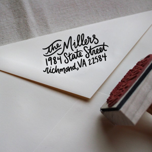 Custom All Hand Written Calligraphy Stamp, Return Address, Wood Mounted Rubber Stamp with Handle or Self-Inking, Miller Style