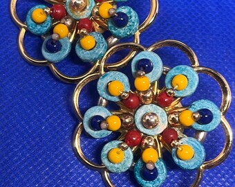 Vintage colorful enameled flower boho style clip-on earrings