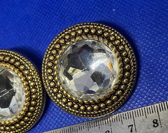 Vintage gold clip-on earrings with faceted crystal and pearl surround