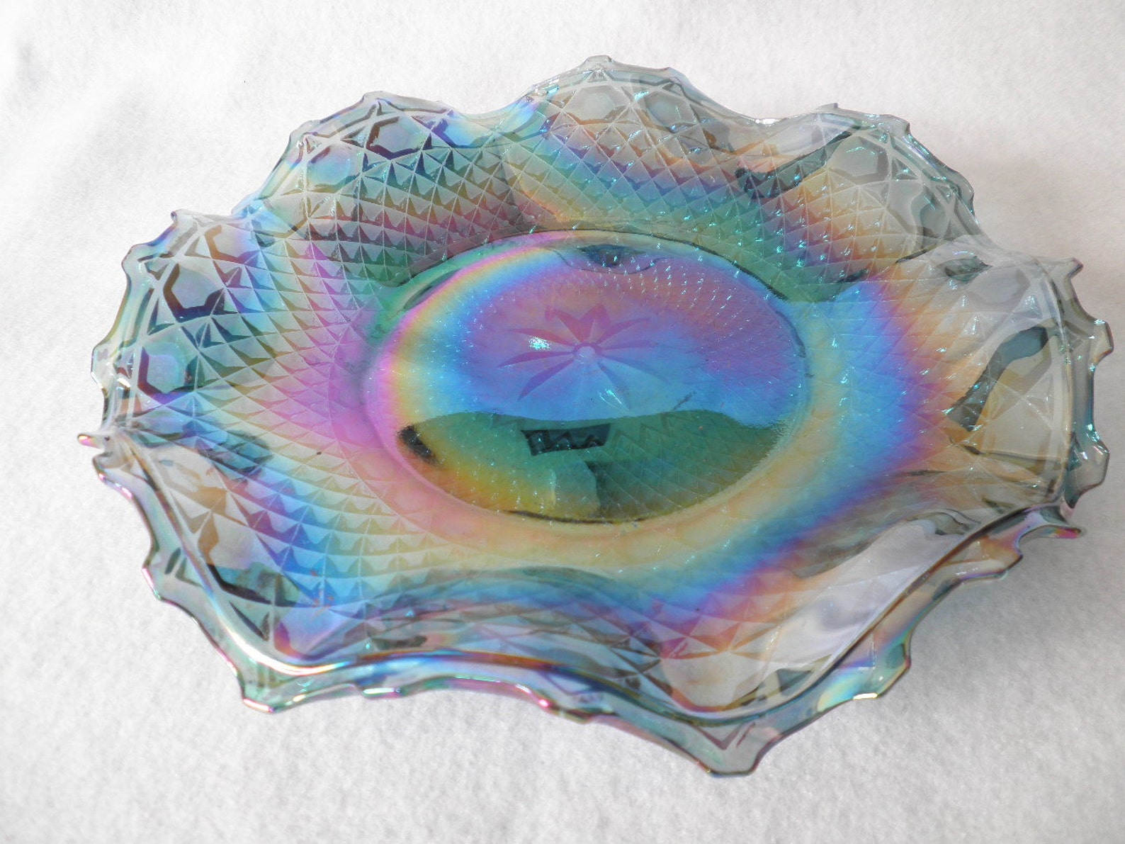 Vintage Blue Carnival Glass Serving Plate Geometric Pattern Etsy