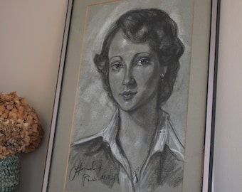 Large Mid Century Charcoal Portrait of a Lady