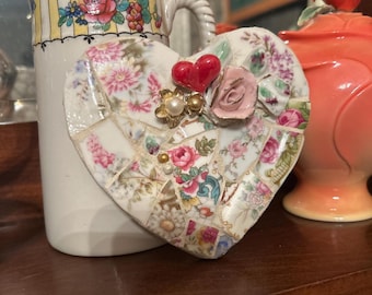 Mosaic Heart Ornament handcrafted with a vintage plate, pink vintage rose, jewelry findings and pearls.