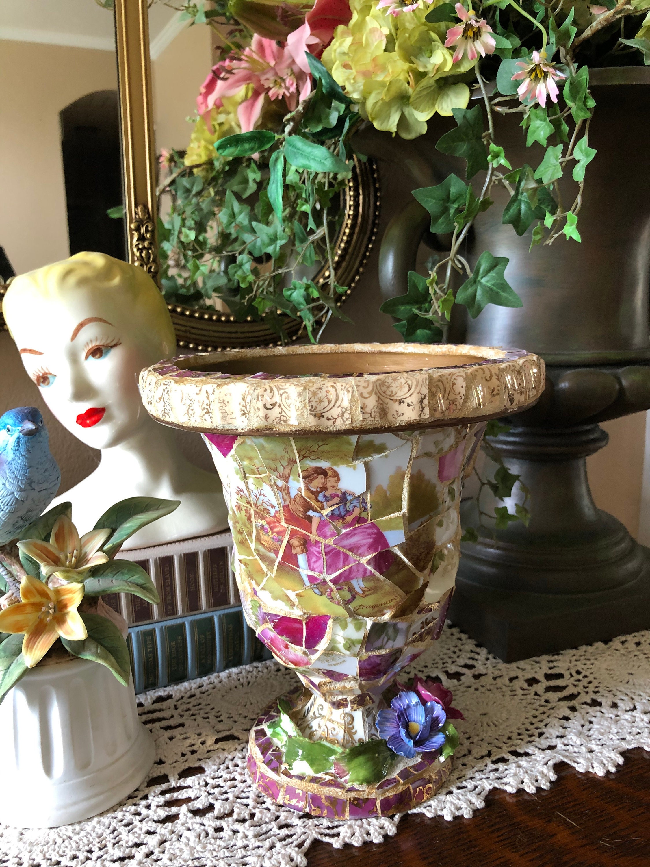 Mosaic Pedestal Urn Vase Original Design Hand Crafted With Etsy