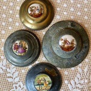 Collection of 4 Antique Powder Box Lids with Victorian Art