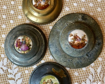 Collection of 4 Antique Powder Box Lids with Victorian Art