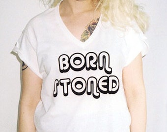 Handmade Fuzzy 'Born Stoned' Graphic Tee: 70s Style
