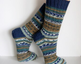 Männersocken, Musterstrümpfe, grün-blau Gr. 44/45 handgestrickt, Wollsocken Herrensocken gestrickt Streifensocken, Männer Geschenk