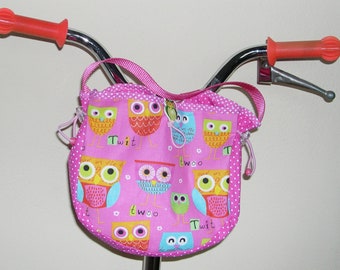 Lenkertasche,  Laufradtasche, Fahrradtasche, Kindergartentasche, Rosa Eulen, Dreirad-Tasche Kinder, Kindertasche Roller, Puppenwagen-Tasche