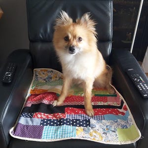 Könnte beinhalten: Ein kleiner, flauschiger, hellbraun-weißer Hund sitzt auf einer rechteckigen Patchwork-Matte mit verschiedenen Stoffmustern wie Blumen, Karos und Sternen in Rot, Blau, Schwarz und Gelb, die auf einem schwarzen Ledersessel mit zwei Fernbedienungen liegt.