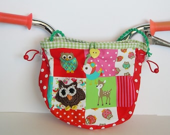 Kindergartentasche Lenkertasche, Laufradtasche, Fahrradtasche, bunte Wald-Tiere Eule Häkel-Applikation, Puppenwagen-Tasche