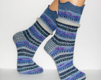 Woll-Socken Damensocken Wunschgröße, Wollsocken, Spitzenrand gestrickt, Ringelsocken, bunte, rot blau, grau handgestrickte, Jeans-Socken