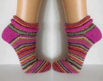 Sneaker-Socken, Knöchelsocken, kurze Socken handgestrickt, Baumwolle+Wolle, Spitzen-Socken, Wunschgröße, Sommersocken, Rollbündchen