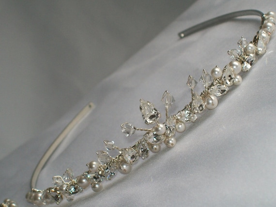 Bridesmaid Flower girl bride wedding bridal tiara Swarovski crystals pearl and diamante dainty