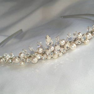 Handmade Dainty Bridal Wedding Tiara Headpiece ,  ivory / white swarovski pearls clear crystals & clear diamantes + Free pearl drop earings