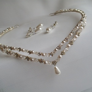 Bridal forehead headpiece. Silver Brow Band made with Swarovski Crystal Rhinestones & Crystal Pearls