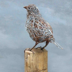 May include: A wire sculpture of a bird perched on a wooden stump. The bird is made of silver and copper wire and has a realistic appearance. The wooden stump is weathered and has a natural finish.