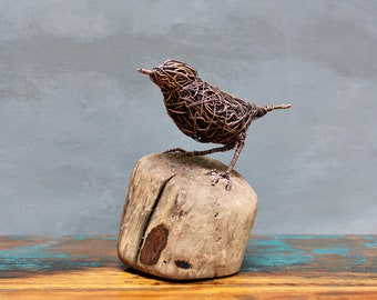 Mr. Robin, Copper Bird on driftwood, Copper Wire Sculptures