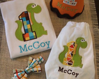 Infant Birthday Set with Hat, Bow Tie, Bloomers, and Shirt or Bodysuit, 1st Birthday, Dinosaur Birthday