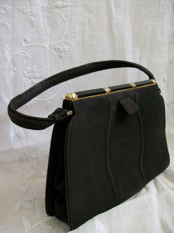 Very Rare Handbag by Worth in Dark Brown Suede wi… - image 1