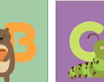 ABC Alphabet with animals. Printable flash cards - wall art