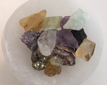 Healing crystals and stones, healing bowl, 4" Selentine bowl filled with a variety of mixed natural raw gemstones