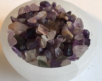 Healing crystals and stones, healing bowl, 3" Selentine bowl filled with Amethyst tiny gemstones and crystals