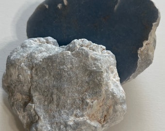 Angelite Spilt Heart Shaped Stone, Raw outside polished inside, 2 pieces, Stone of Awareness, Peaceful, Angelic
