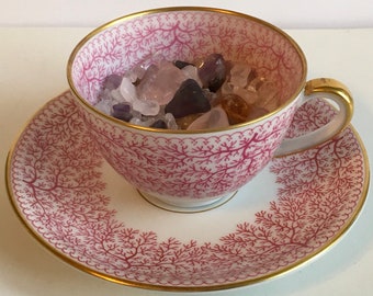 Healing crystals and stones, healing bowl, Vintage Old Brunswick Park Lane tea cup and saucer filled with tiny gemstones and crystals