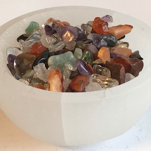 Healing crystals and stones, healing bowl, 3&quot; Selentine bowl filled with a variety of mixed tiny gemstones