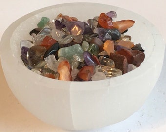 Healing crystals and stones, healing bowl, 3" Selentine bowl filled with a variety of mixed tiny gemstones