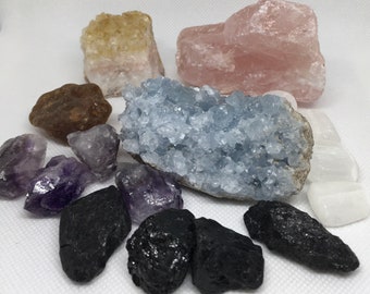 Home Protection Stones, Black Tourmaline, Selenite, Amethyst,  Carnelian, Celestite, Citrine and Rose Quartz, Healing Stone, Healing Crystal
