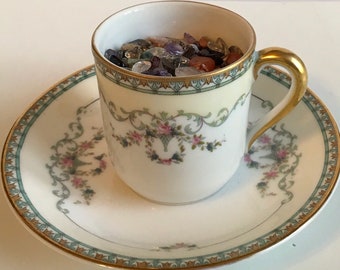 Healing crystals and stones, healing bowl, Vintage Noritake Lincoln tea cup and saucer filled with tiny gemstones