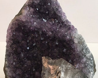 Amethyst Quartz Crystal Cluster with calcite, cut base for standing,gorgeous!