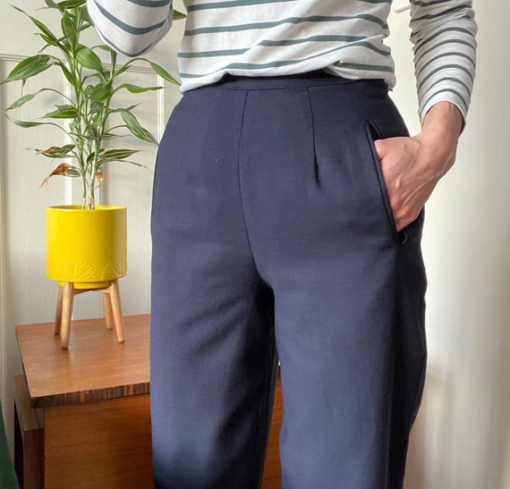 Navy Wool Trousers High Waisted Pants 