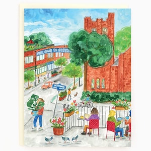 May include: A watercolor illustration of a street scene in a neighborhood with a red brick building, a sign that says "Welcome to Greektown", and people walking and sitting on a patio.