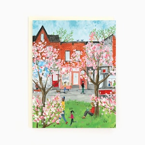 May include: A watercolor illustration of a city street scene with a row of brick buildings, a park, and people walking and sitting. The trees are in bloom with pink flowers. The sign on one of the buildings says "Floral".