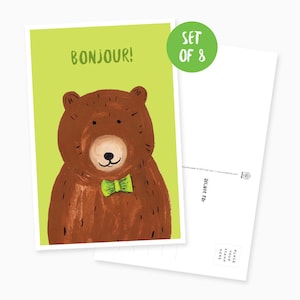 Lot de 8 cartes postales illustrées Bonjour Bear
