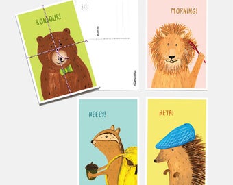 Set of 8 Critter Illustrated Postcards