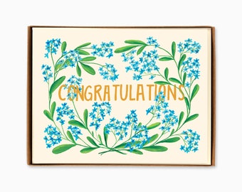 Set of 8 Congrats Blue Flowers Greeting Cards